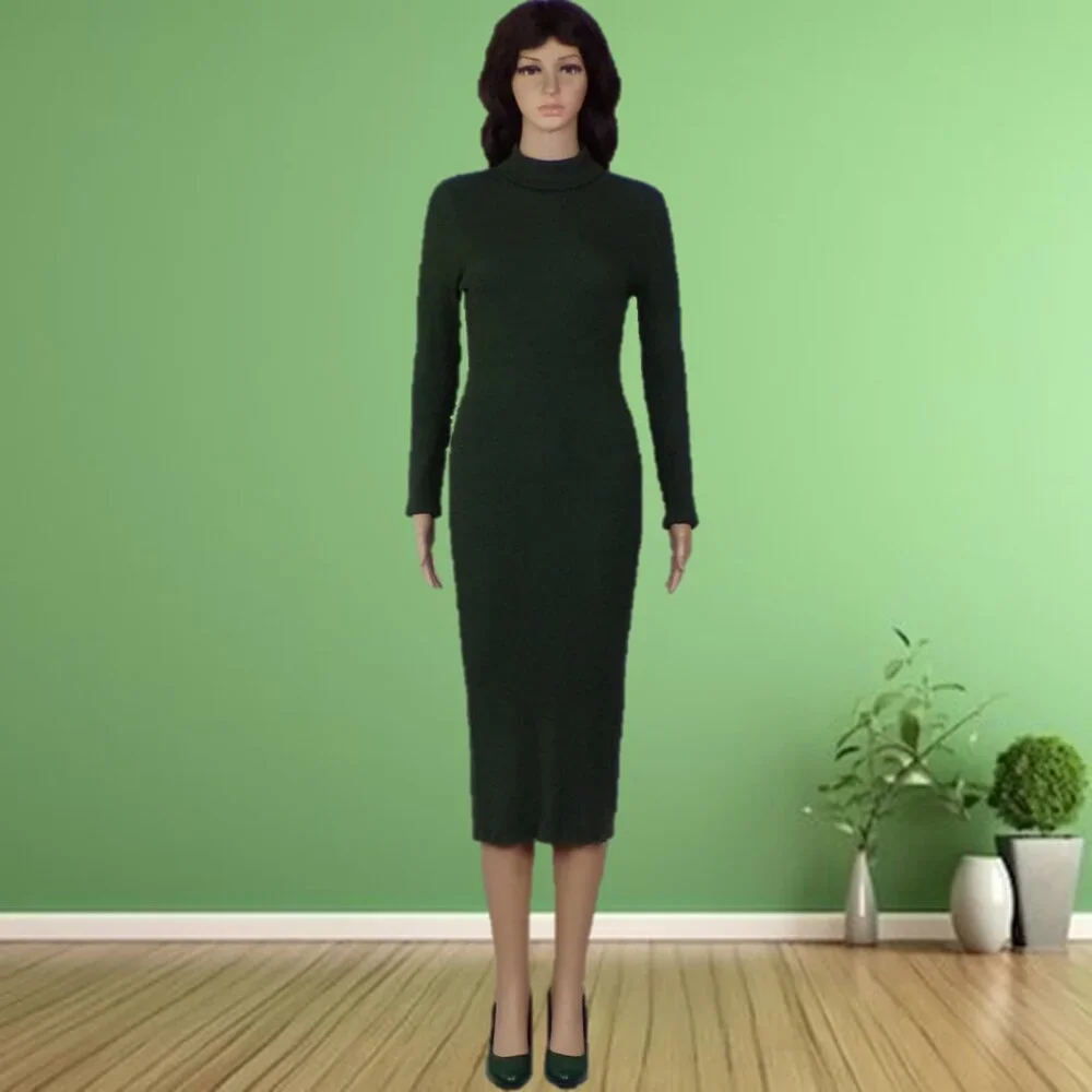 ROCOROSE size M forest-green knit bodycon long-sleeve turtleneck midi dress - Picture 1 of 13